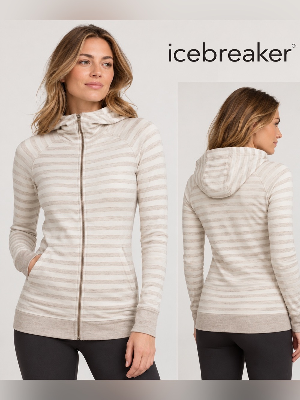Icebreaker Striped Cream Zip-Up Hoodie with Hood
